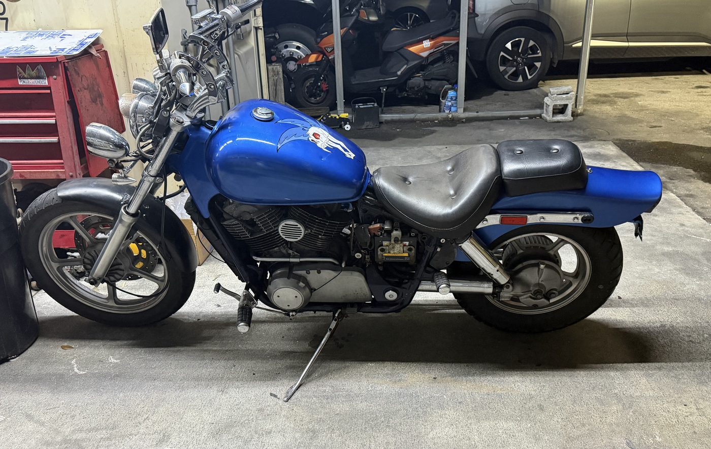 Custom blue cruiser motorcycle